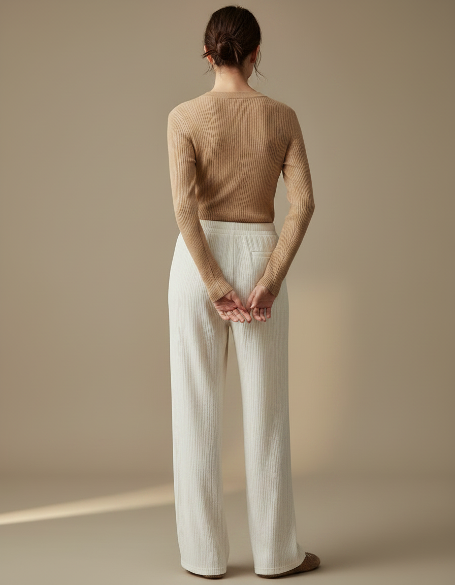 Pantalon Velours Crème Droit Côtelé Ample Confortable - Blanc Cordé - vue 2
