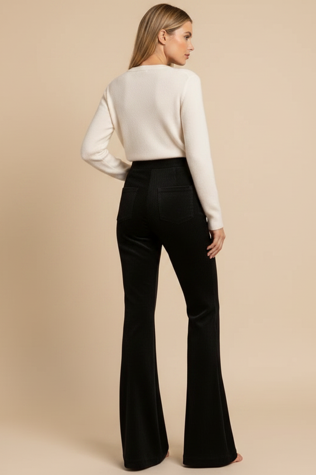 Pantalon Velours Noir Côtelé Évasé Taille Haute Femme - vue 2