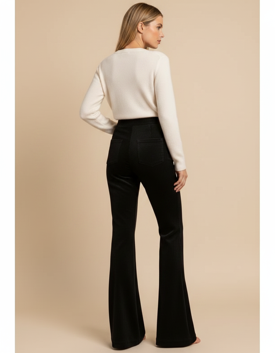 Pantalon Velours Noir Côtelé Évasé Taille Haute Femme - vue 2