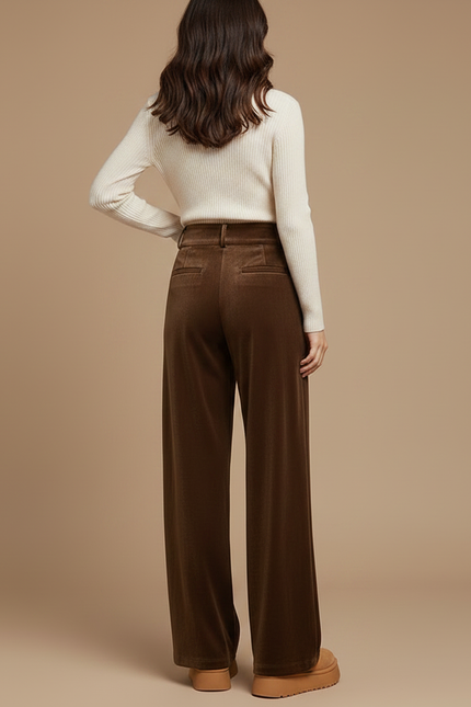 Pantalon Velours Marron Large Plissé Confortable Femme - vue 2