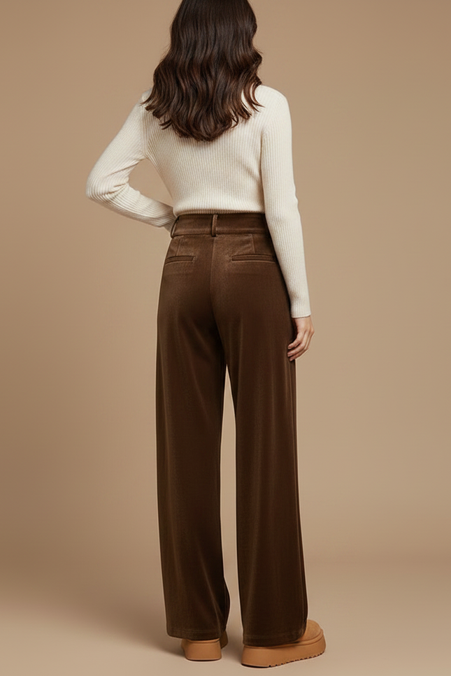 Pantalon Velours Marron Large Plissé Confortable Femme - vue 2