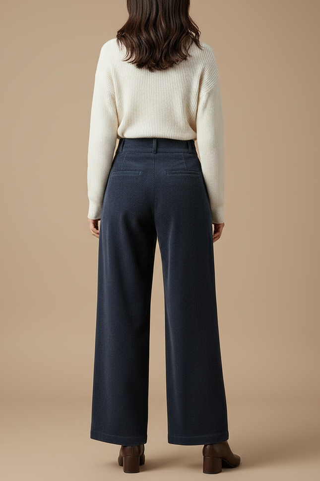 Pantalon Velours Côtelé Bleu Marine Ample Taille Haute - Cordé - vue 2
