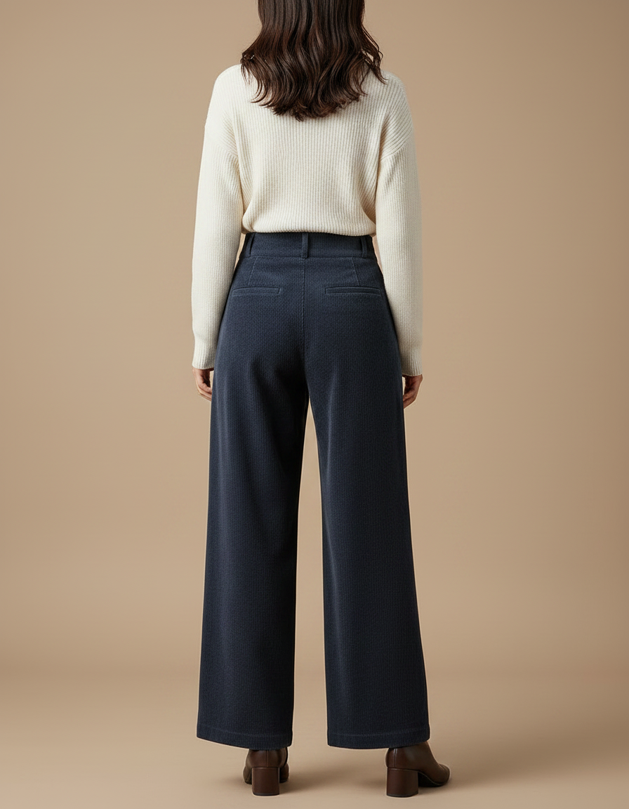 Pantalon Velours Côtelé Bleu Marine Ample Taille Haute - Cordé - vue 2