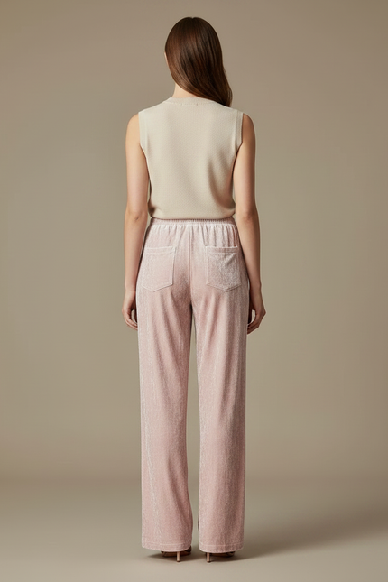 Pantalon Velours Rose Fluide Ample Élégant Femme - vue 2