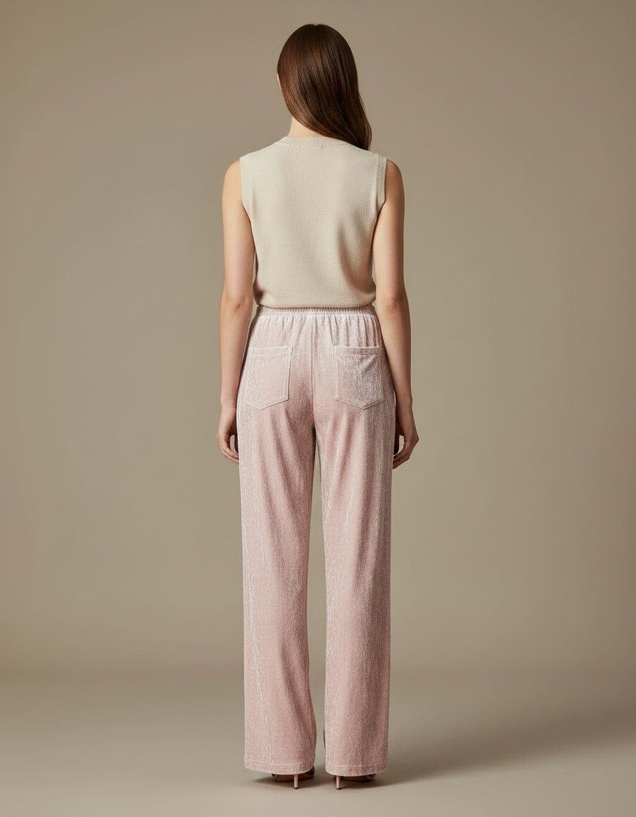 Pantalon Velours Rose Fluide Ample Élégant Femme - vue 2