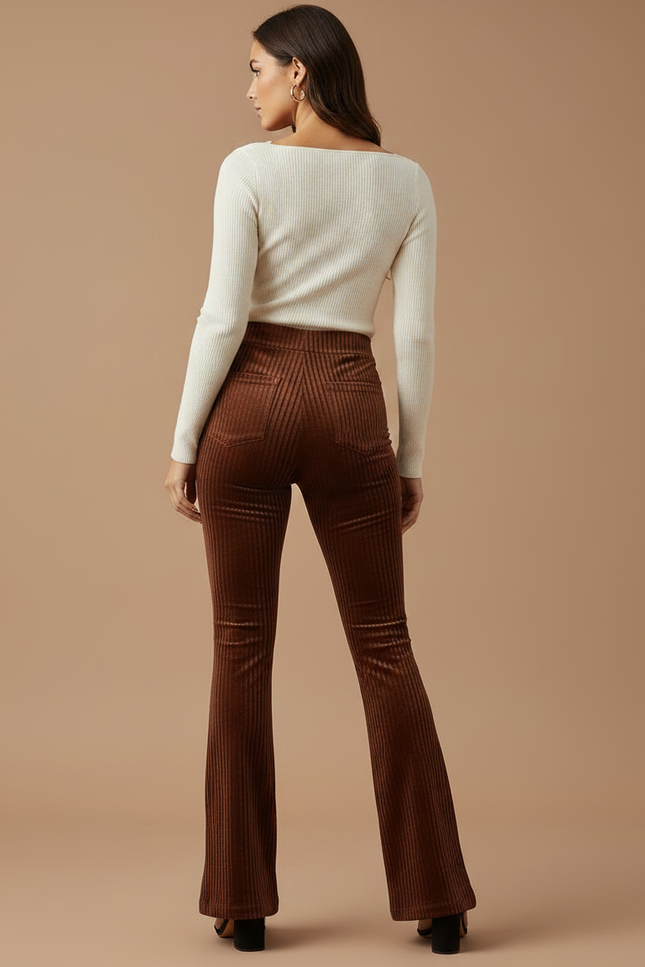 Pantalon Velours Côtelé Marron Évasé Taille Haute - Cordé - vue 2