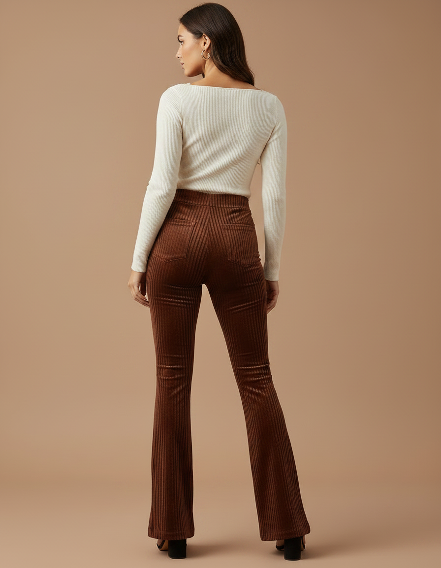 Pantalon Velours Côtelé Marron Évasé Taille Haute - Cordé - vue 2