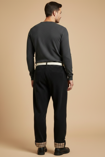 Pantalon Velours Côtelé Noir Large Plaid Homme - Cordé - vue 2