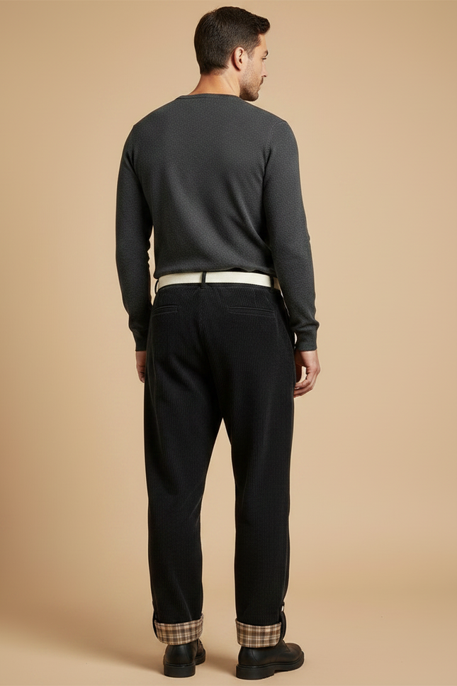 Pantalon Velours Côtelé Noir Large Plaid Homme - Cordé - vue 2