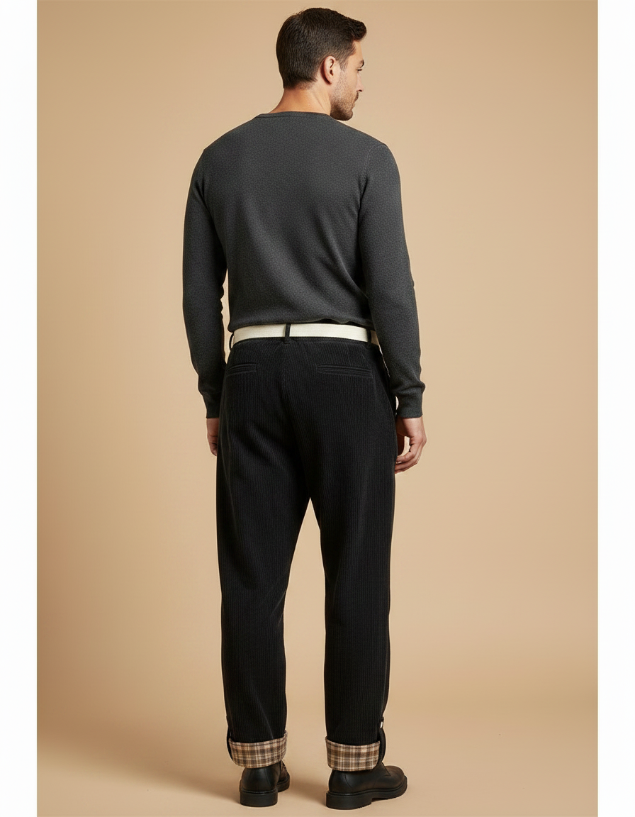 Pantalon Velours Côtelé Noir Large Plaid Homme - Cordé - vue 2