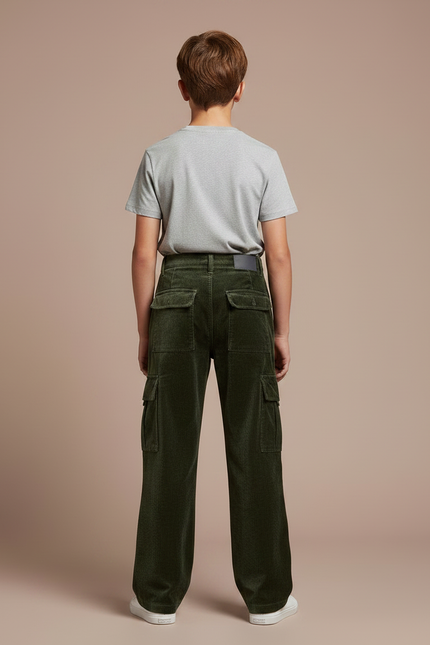 Pantalon Velours Vert Côtelé Ample Cargo Garçon - Cordé - vue 2