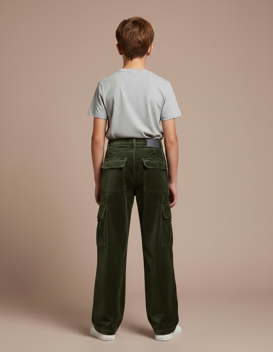 Pantalon Velours Vert Côtelé Ample Cargo Garçon - Cordé - vue 2
