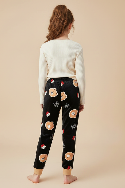 Pantalon Velours Noir Ours Mignon Enfant Hiver - vue 2