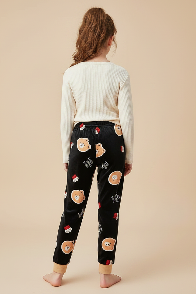 Pantalon Velours Noir Ours Mignon Enfant Hiver - vue 2