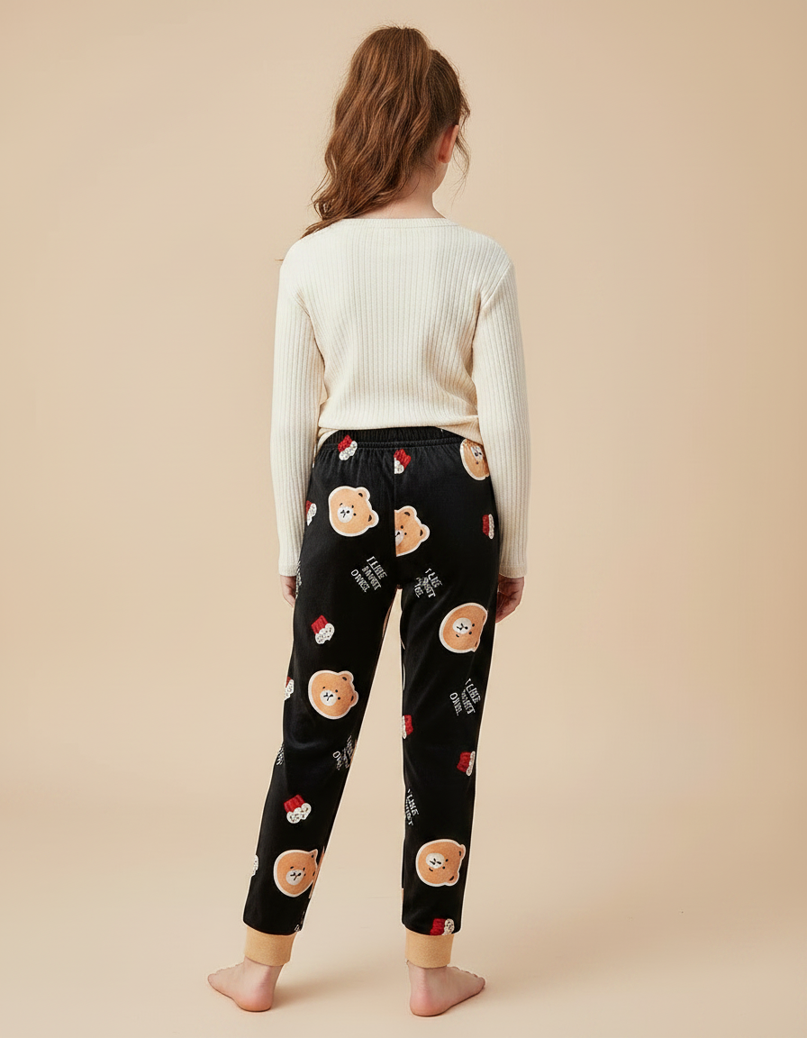 Pantalon Velours Noir Ours Mignon Enfant Hiver - vue 2