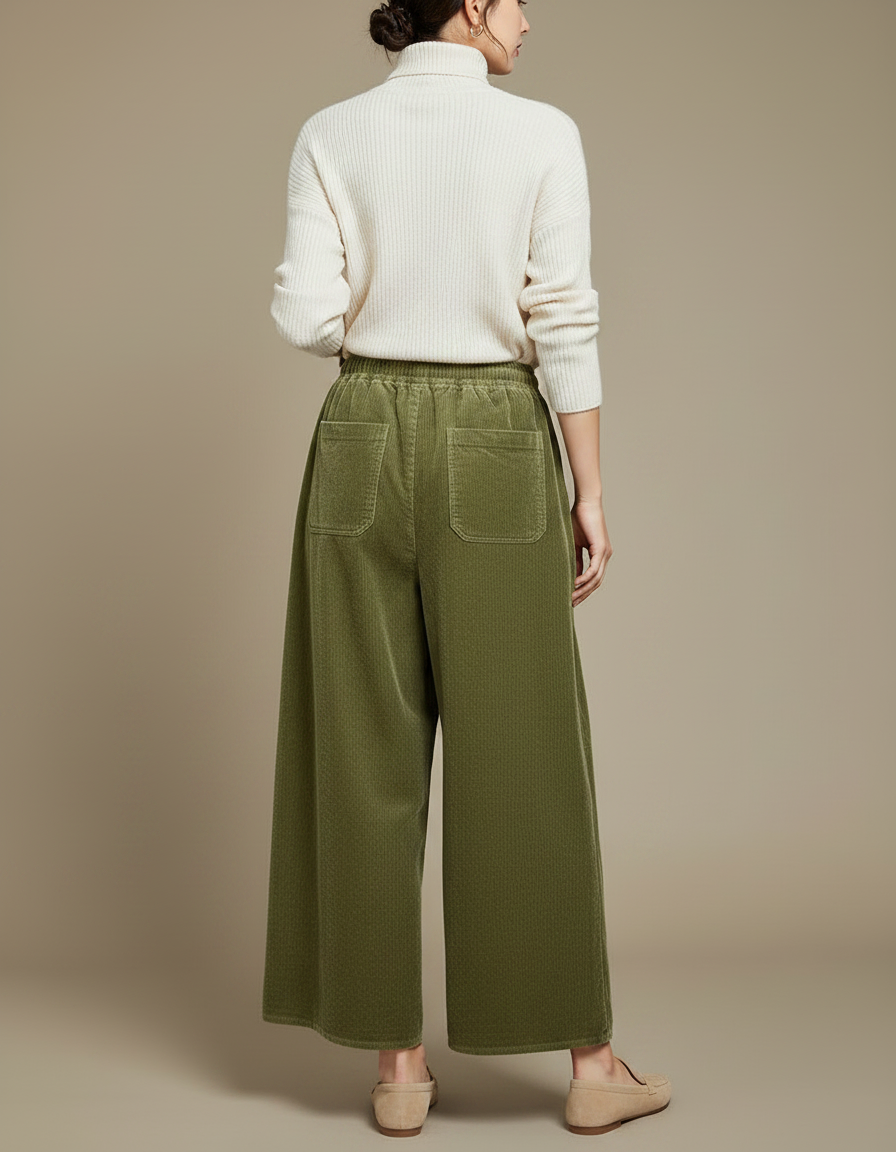 Pantalon Velours Côtelé Ample Vert Confortable Femme - Cordé - vue 2