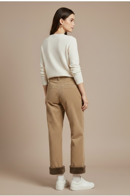 Pantalon Velours Côtelé Doublé Polaire Ample Femme - Camel Cordé - vue 2