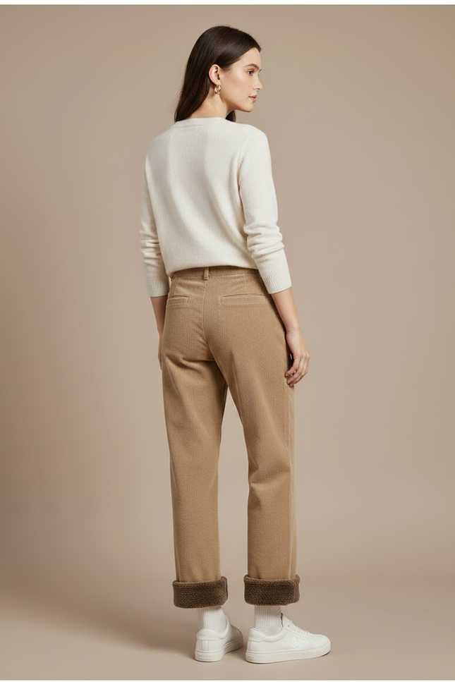 Pantalon Velours Côtelé Doublé Polaire Ample Femme - Camel Cordé - vue 2