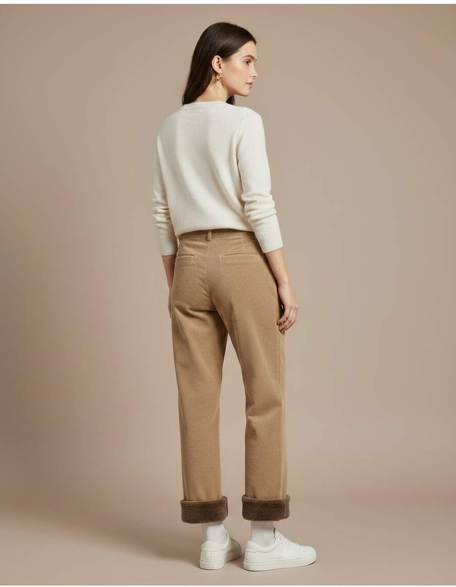 Pantalon Velours Côtelé Doublé Polaire Ample Femme - Camel Cordé - vue 2