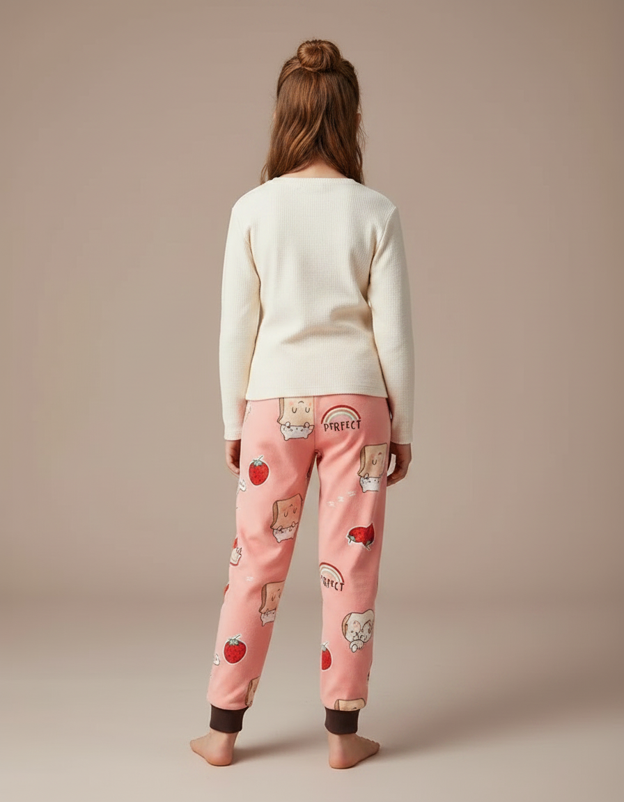Pantalon Velours Rose Motif Fraise Doux Enfant - vue 2
