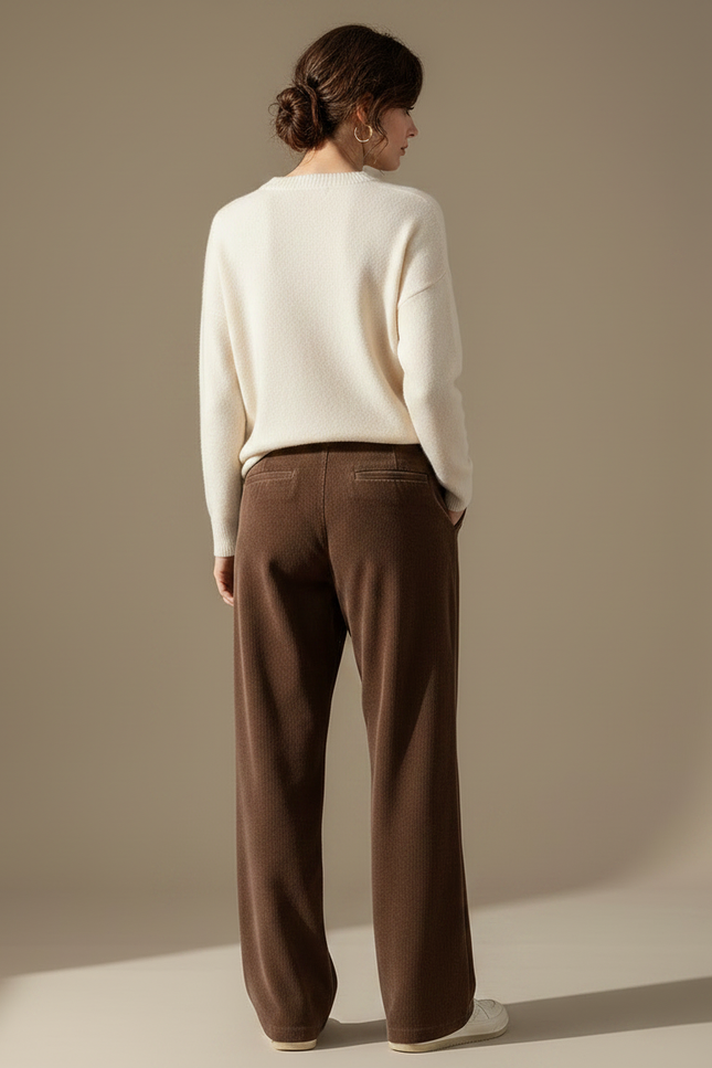 Pantalon Velours Marron Côtelé Femme Ample Taille Haute - Cordé - vue 2