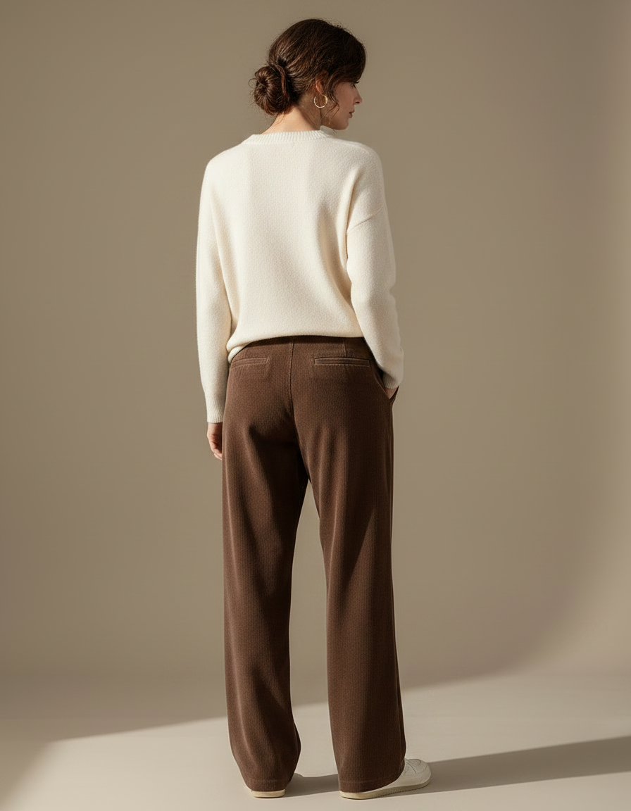 Pantalon Velours Marron Côtelé Femme Ample Taille Haute - Cordé - vue 2