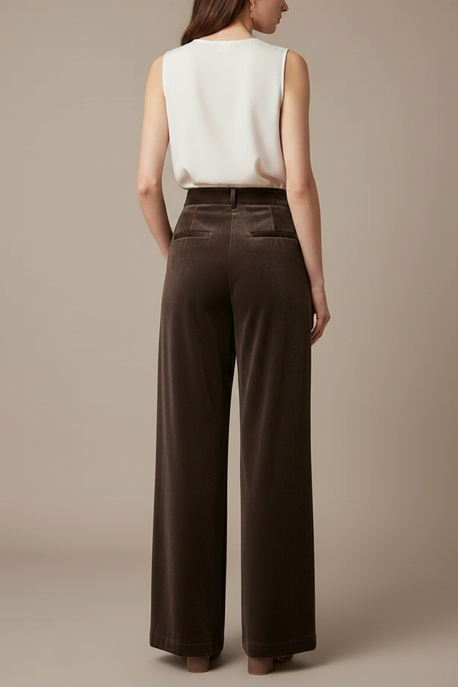 Pantalon Velours Marron Ample Taille Haute Élégant - vue 2