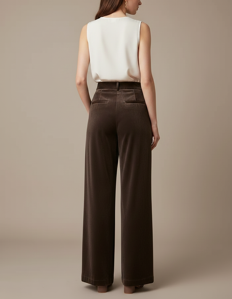 Pantalon Velours Marron Ample Taille Haute Élégant - vue 2
