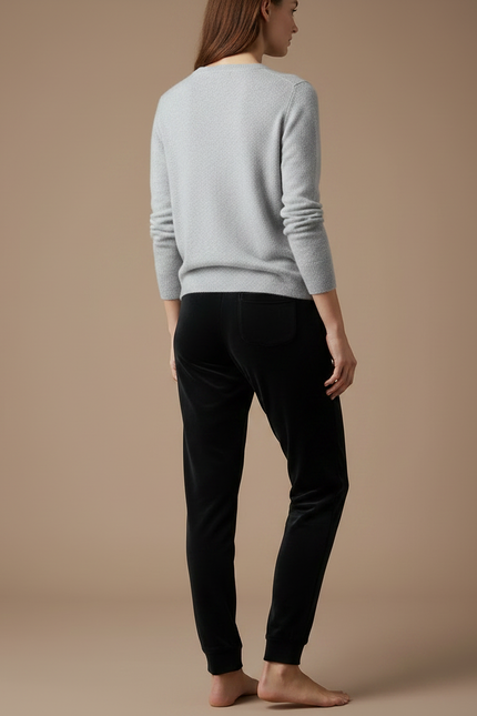 Pantalon Velours Noir Brodé Élégant Décontracté Femme - vue 2
