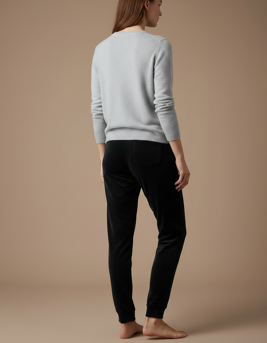 Pantalon Velours Noir Brodé Élégant Décontracté Femme - vue 2