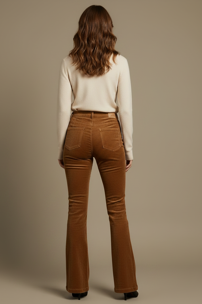 Pantalon Velours Côtelé Évasé Marron Élégant Femme - Cordé - vue 2