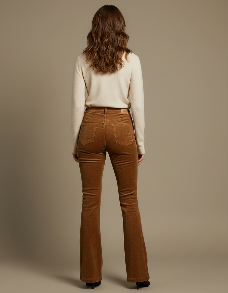Pantalon Velours Côtelé Évasé Marron Élégant Femme - Cordé - vue 2