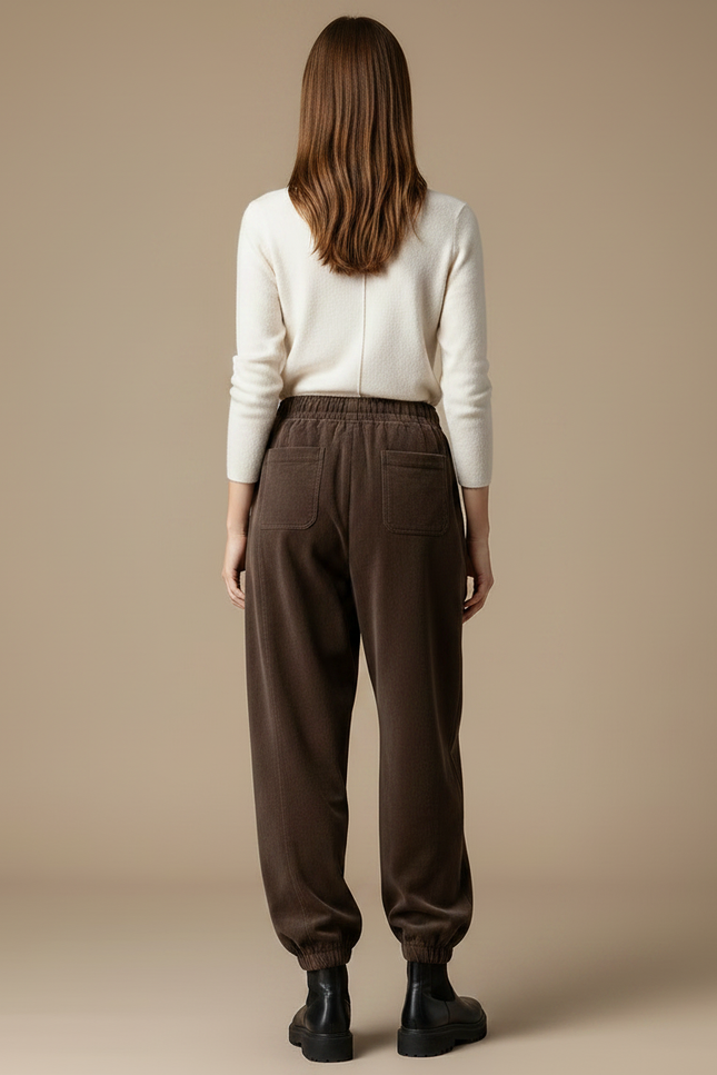 Pantalon Velours Marron Côtelé Ample Élastique Décontracté - Cordé - vue 2