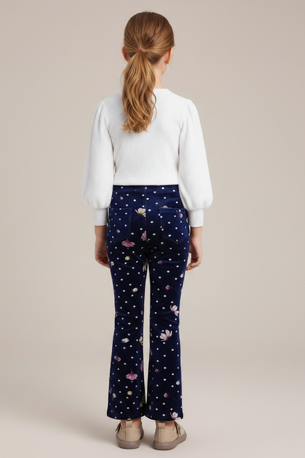 Pantalon Velours Bleu Marine Imprimé Fleurs Évasé Fille - vue 2