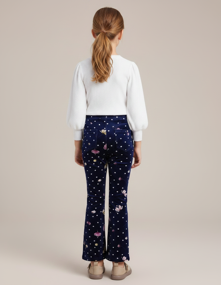 Pantalon Velours Bleu Marine Imprimé Fleurs Évasé Fille - vue 2