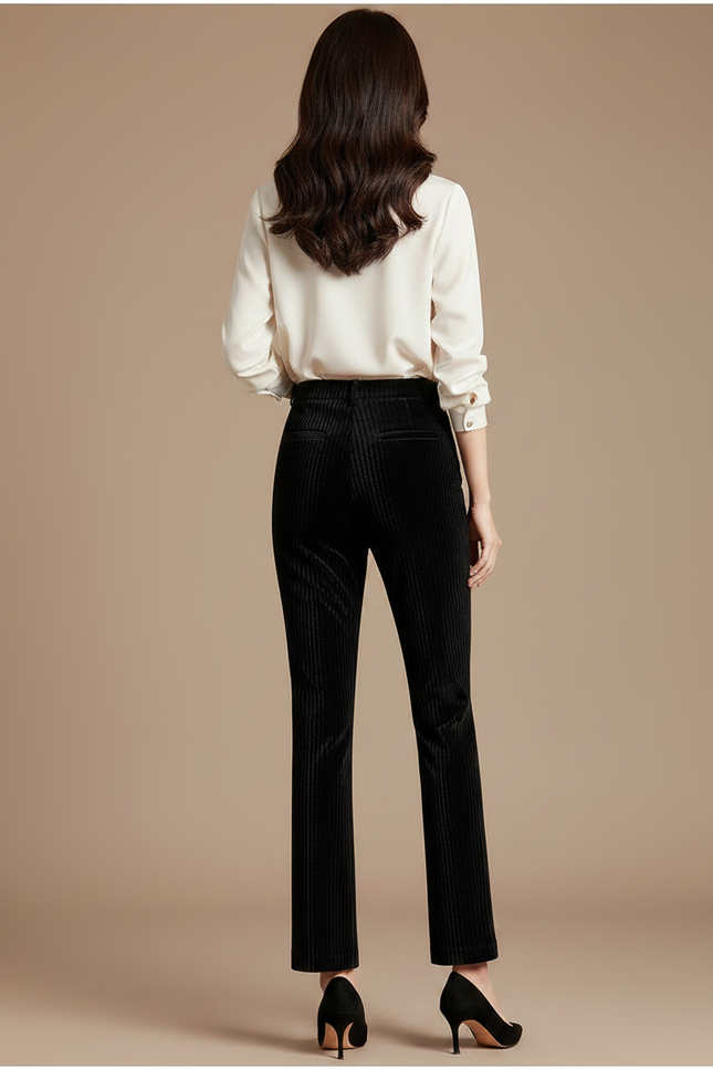 Pantalon Velours Noir Côtelé Droit Élégant Femme - Cordé - vue 2