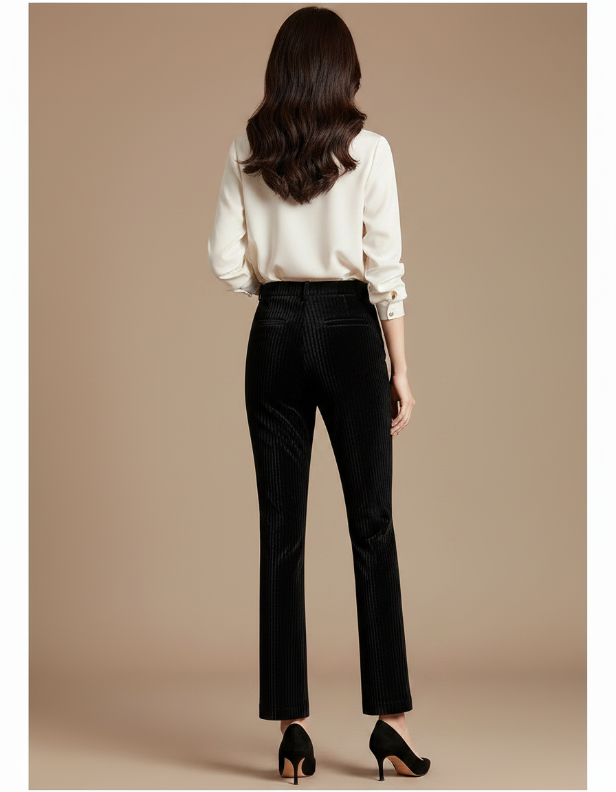 Pantalon Velours Noir Côtelé Droit Élégant Femme - Cordé - vue 2