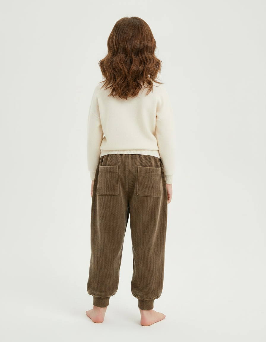 Pantalon Velours Marron Côtelé Ample Élastique Enfant - Kaki Cordé - vue 2