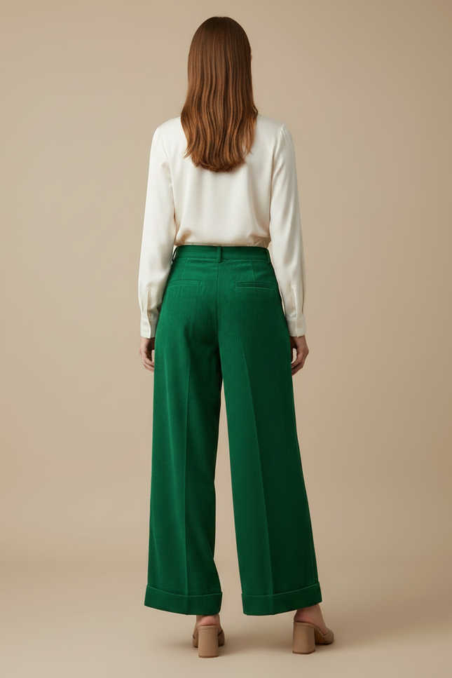 Pantalon Velours Vert Côtelé Ample Élégant Femme - Cordé - vue 2