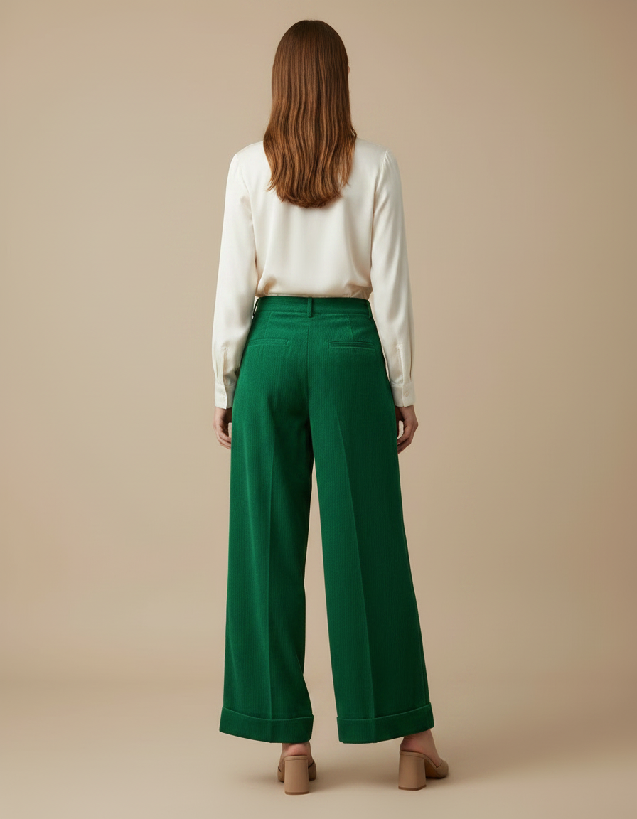 Pantalon Velours Vert Côtelé Ample Élégant Femme - Cordé - vue 2