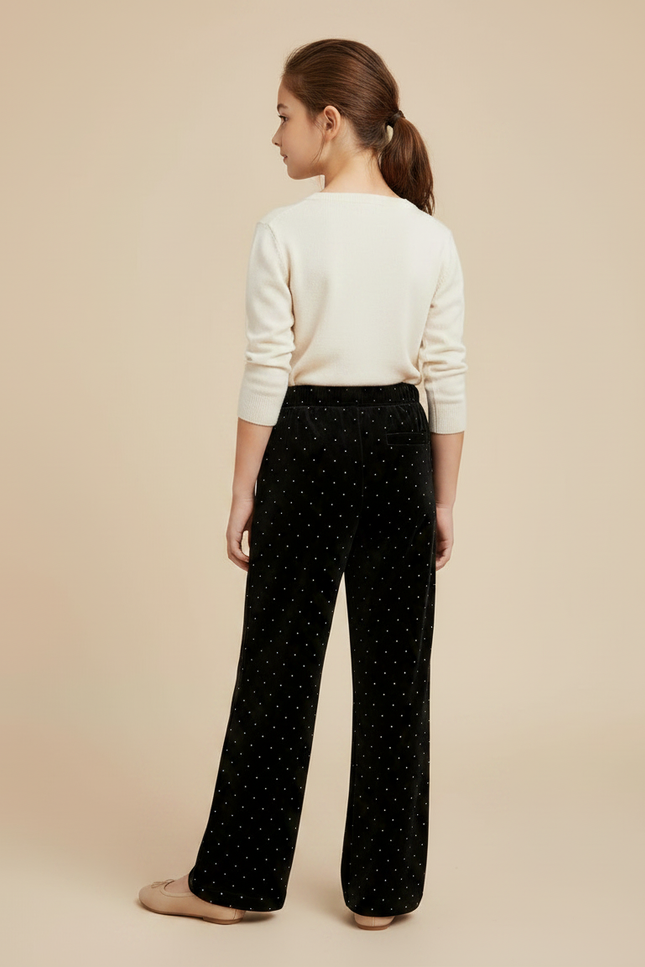 Pantalon Velours Noir Large À Pois Fille - vue 2