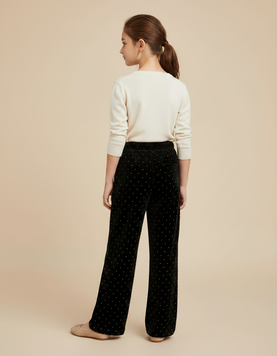 Pantalon Velours Noir Large À Pois Fille - vue 2