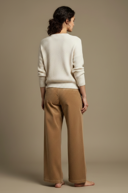 Pantalon Velours Large Beige Lisse Décontracté Femme - Camel Cordé - vue 2