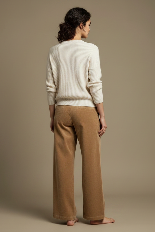 Pantalon Velours Large Beige Lisse Décontracté Femme - Camel Cordé - vue 2