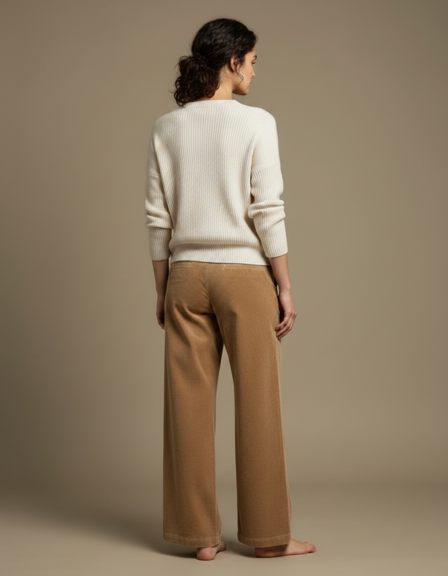 Pantalon Velours Large Beige Lisse Décontracté Femme - Camel Cordé - vue 2