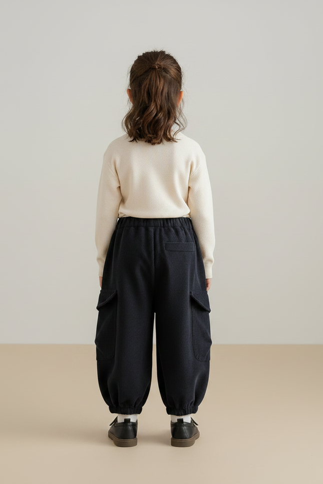 Pantalon Velours Enfant Noir Ample Cargo Hiver - Cordé - vue 2
