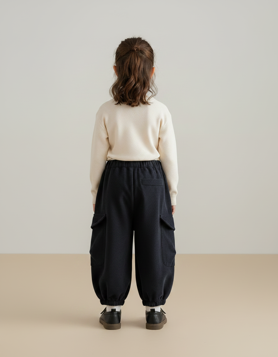Pantalon Velours Enfant Noir Ample Cargo Hiver - Cordé - vue 2