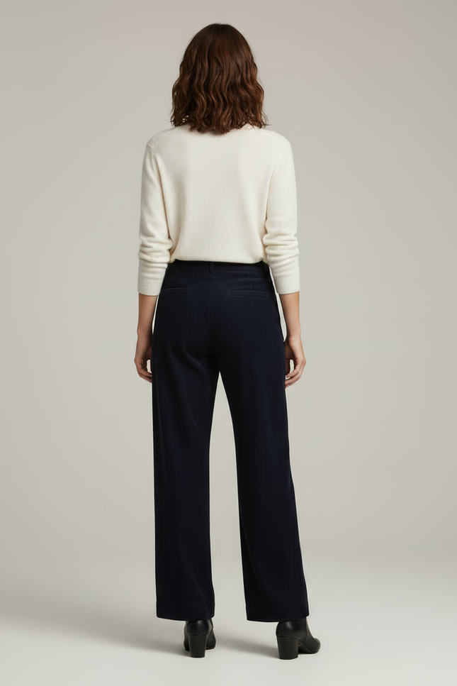 Pantalon Velours Côtelé Bleu Marine Large Taille Haute - Cordé - vue 2