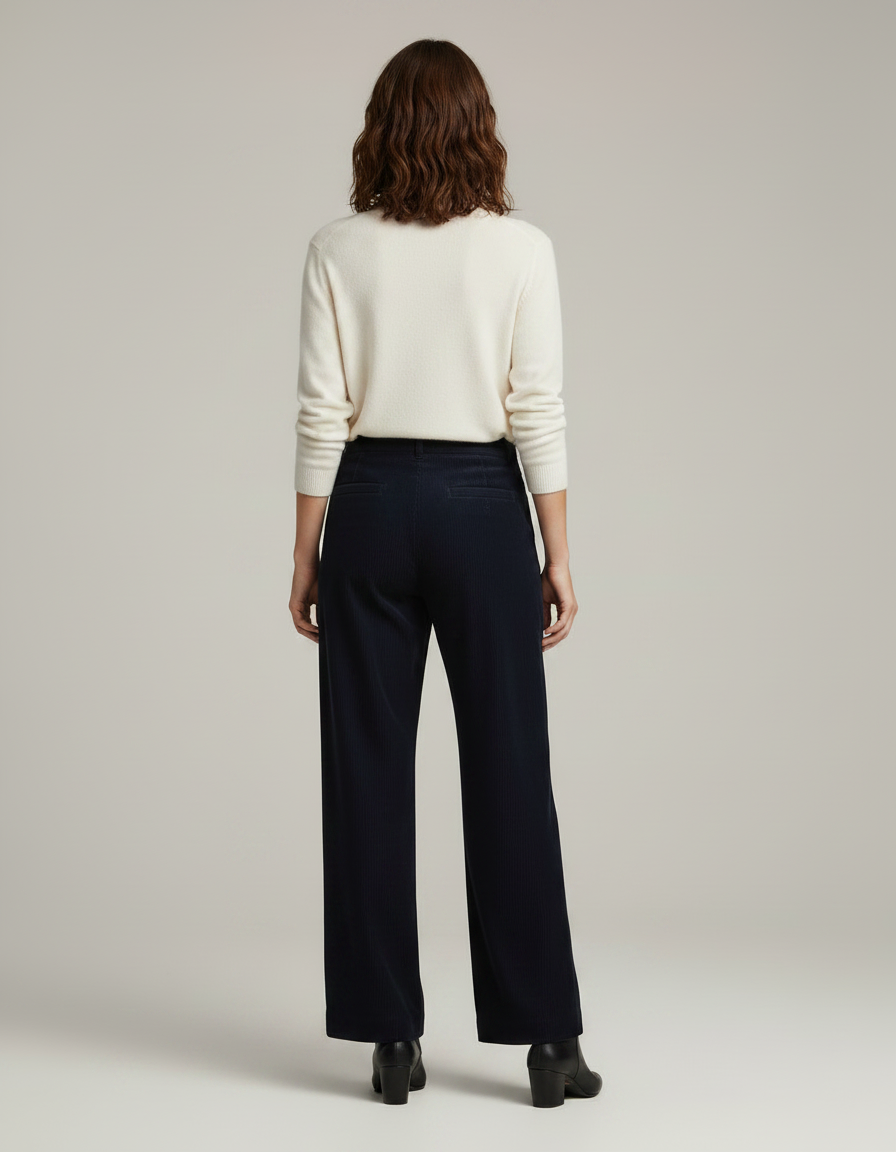 Pantalon Velours Côtelé Bleu Marine Large Taille Haute - Cordé - vue 2