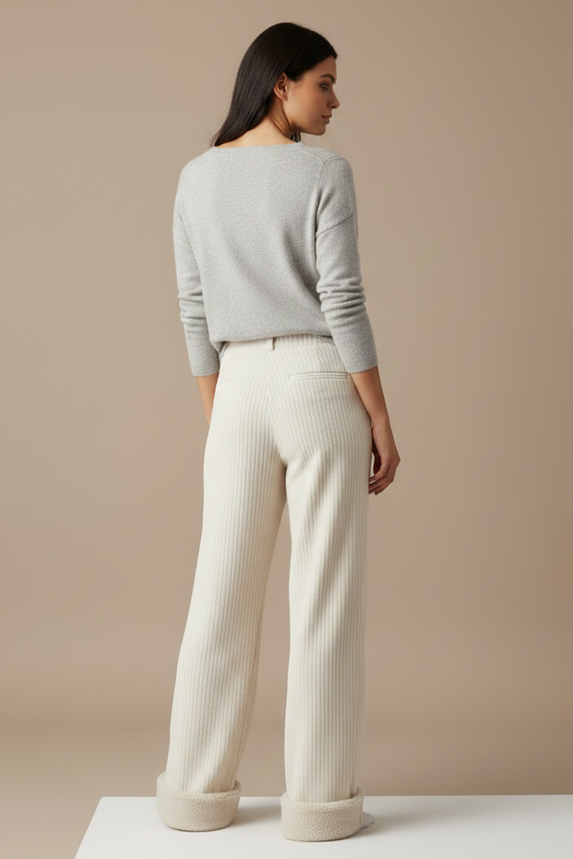 Pantalon Velours Côtelé Écru Ample Doublé Chaud - Beige - vue 2